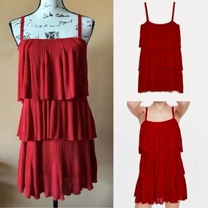Zara Italian yarn knit red tiered layered ruffle spaghetti strap mini dress